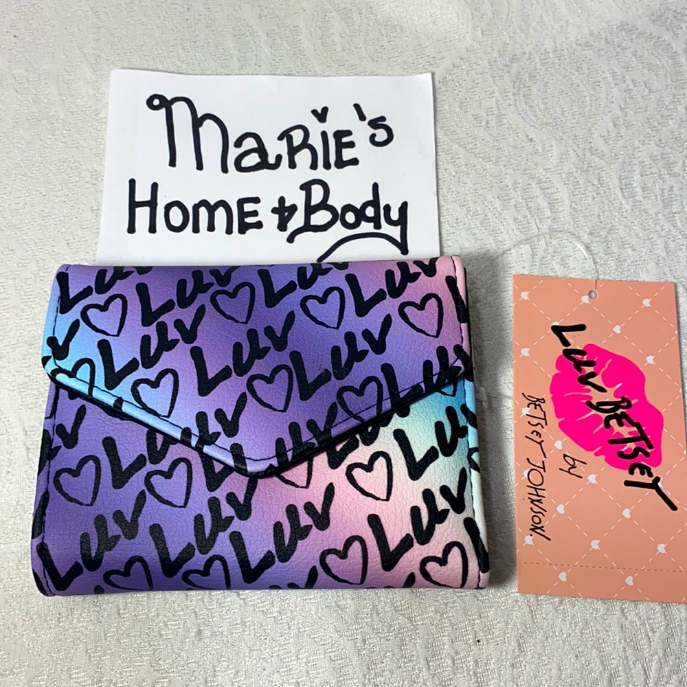 Betsey Johnson Luv tri fold Womans wallet pastel purple pink blue BNWT card hold